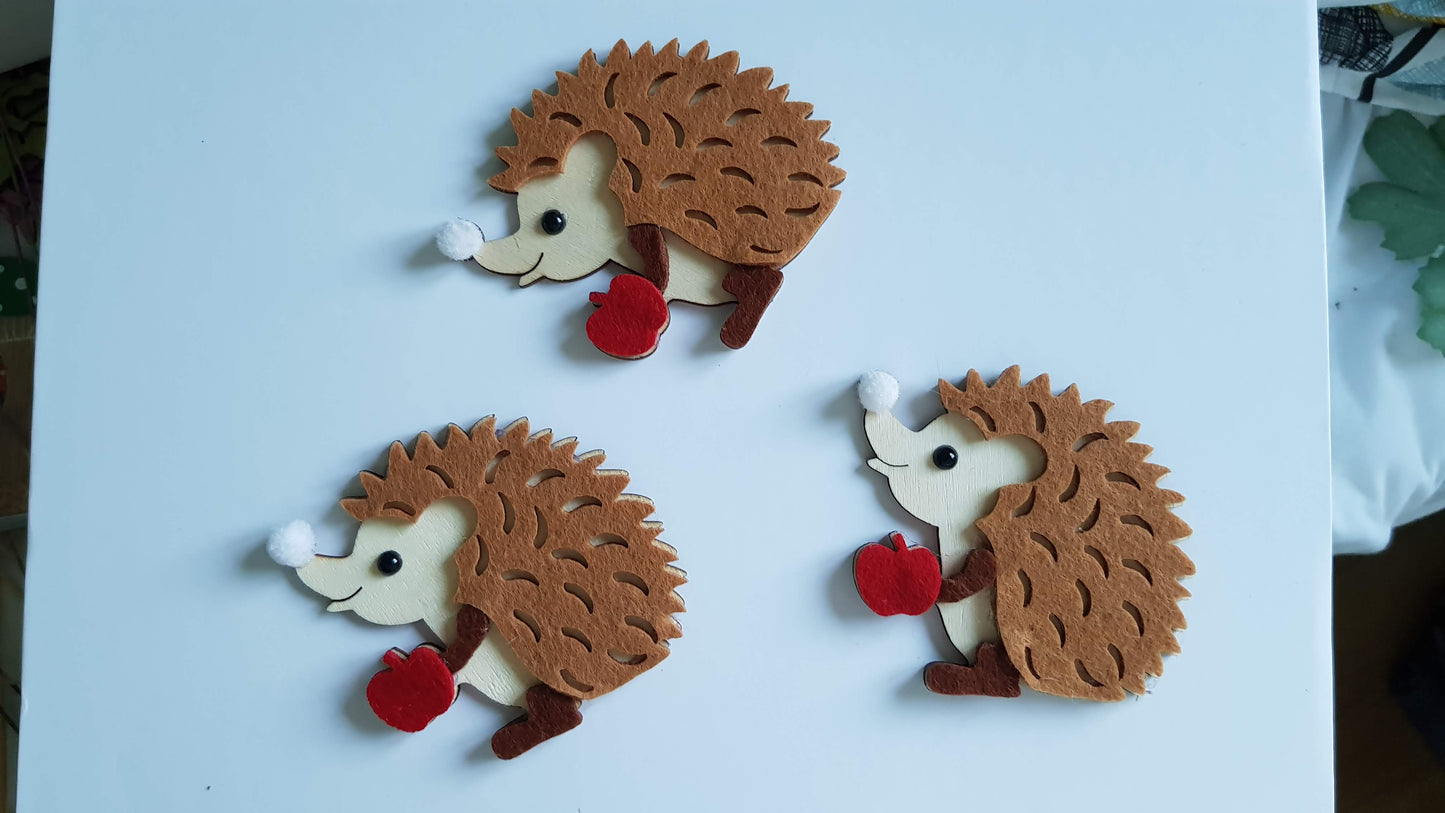 Wooden and Fleece Ornament Hedgehog with Red Apple
