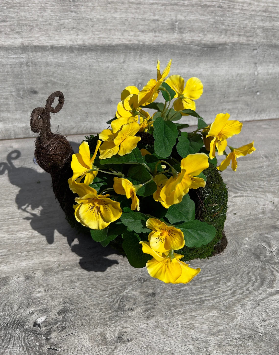 Yellow Artificial Pansy in a Vine Snail Basket with Moss