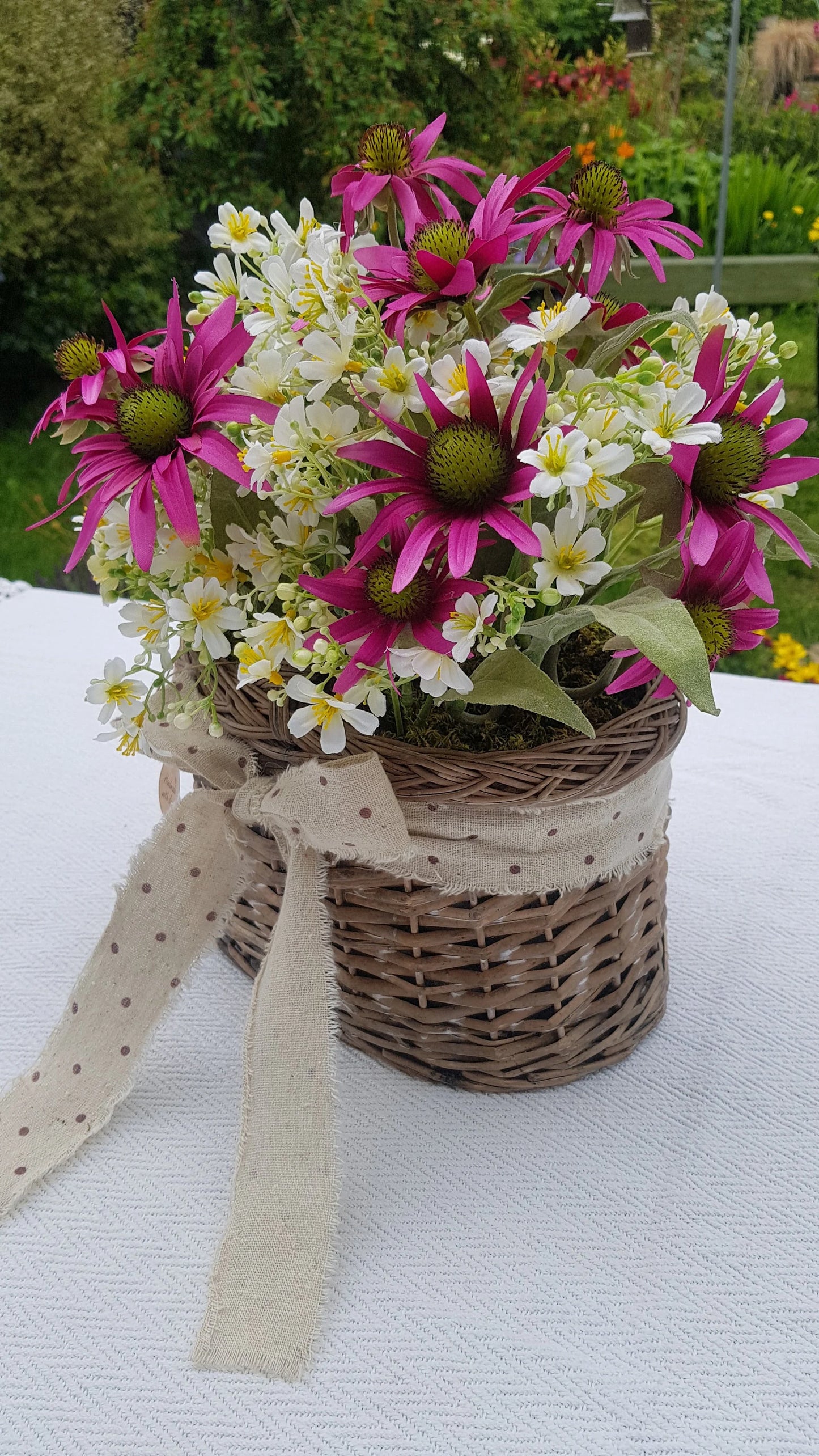 Artificial Flower Arrangement in Wicker/Willow Basket. Echinacea Wild Small Flowers Natural Moss