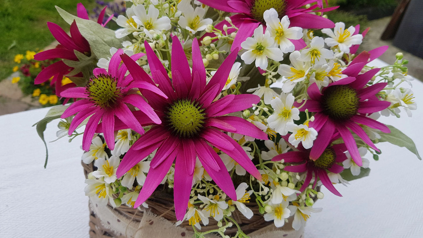 Artificial Flower Arrangement in Wicker/Willow Basket. Echinacea Wild Small Flowers Natural Moss