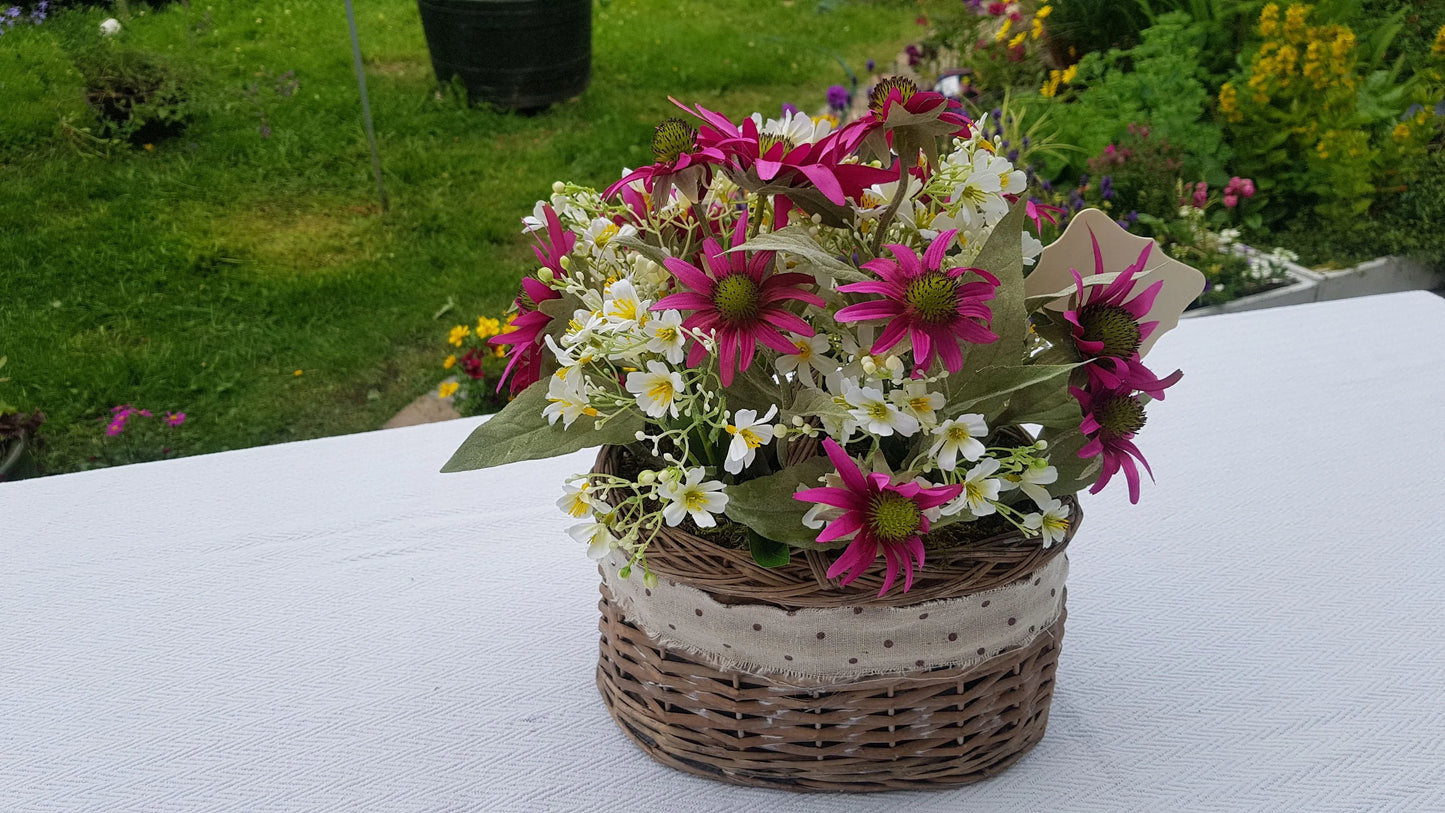 Artificial Flower Arrangement in Wicker/Willow Basket. Echinacea Wild Small Flowers Natural Moss