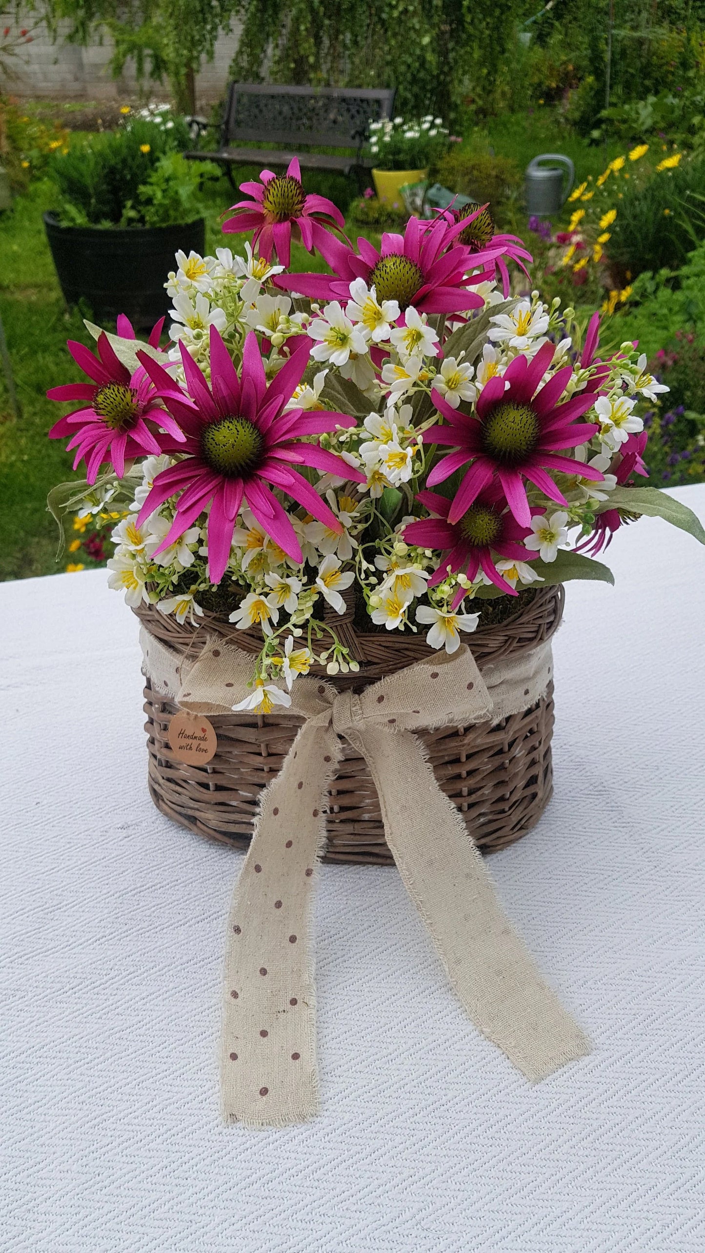Artificial Flower Arrangement in Wicker/Willow Basket. Echinacea Wild Small Flowers Natural Moss