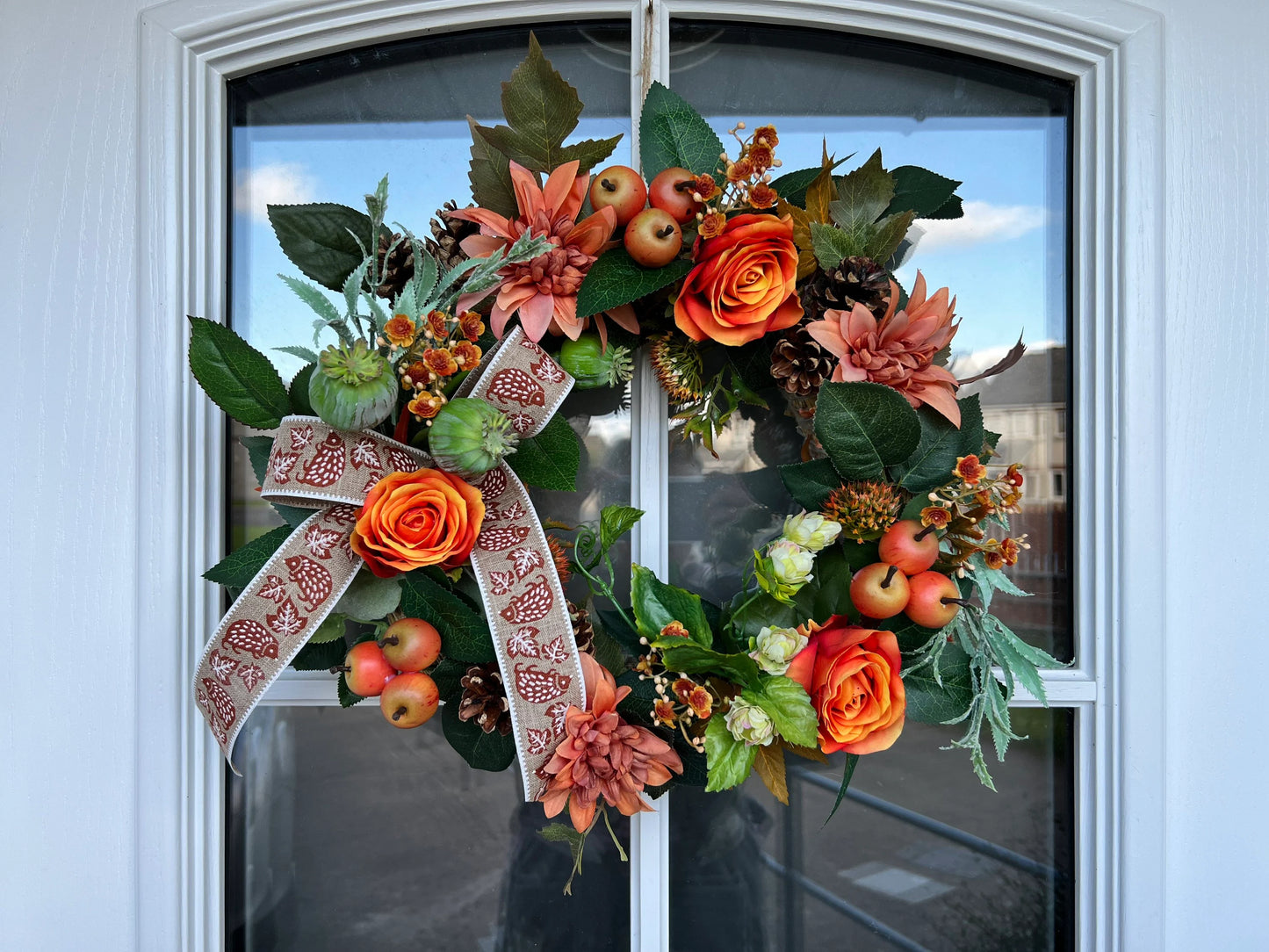 Green and orange artificial flower wreath. Roses Apples Poppy head Pinecone 45cm (18”)