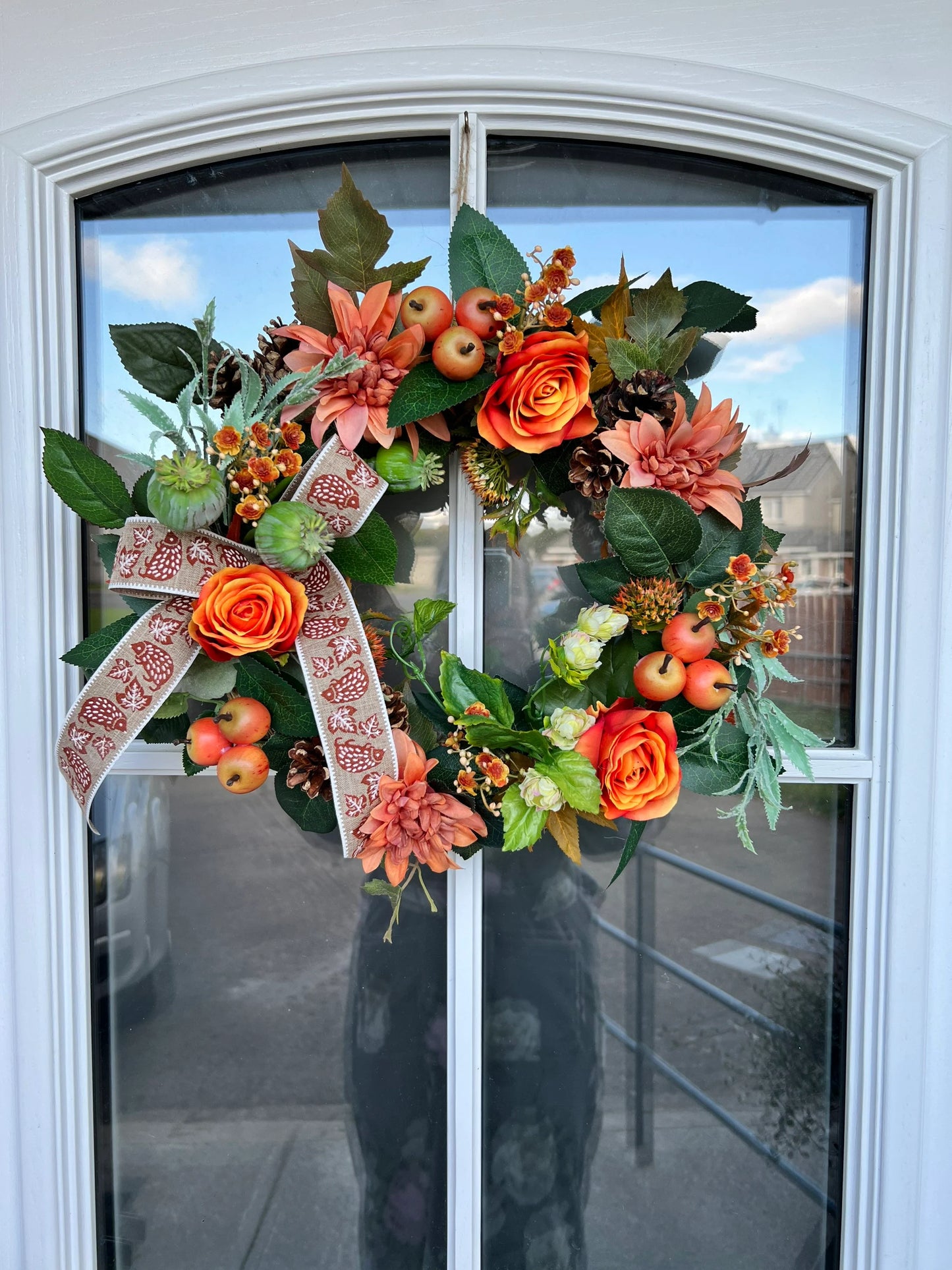 Green and orange artificial flower wreath. Roses Apples Poppy head Pinecone 45cm (18”)