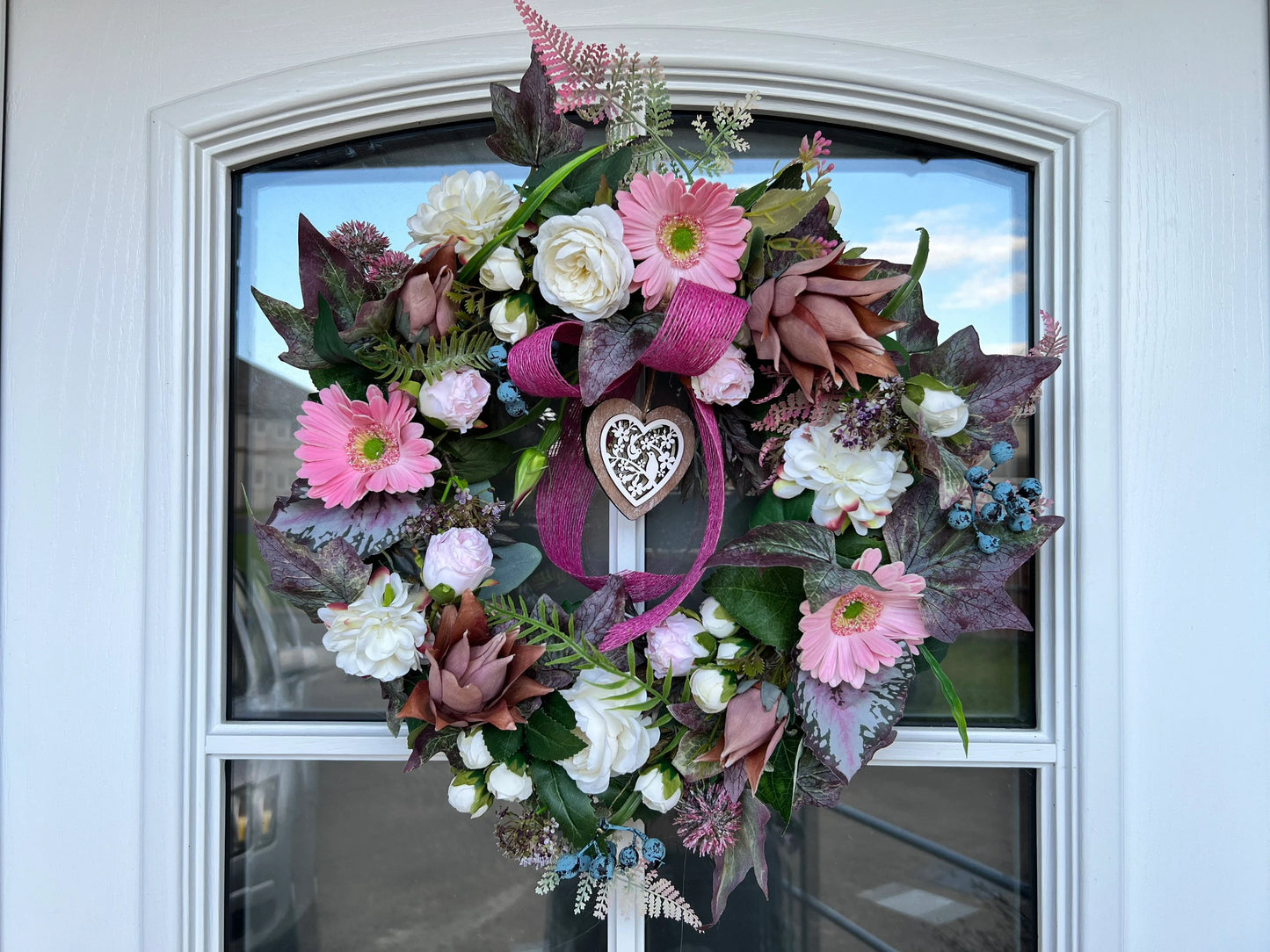 Summer/Autumn artificial flower wreath. Gerbera Roses Berries Dahlia Fern leaves Thistles Leaves