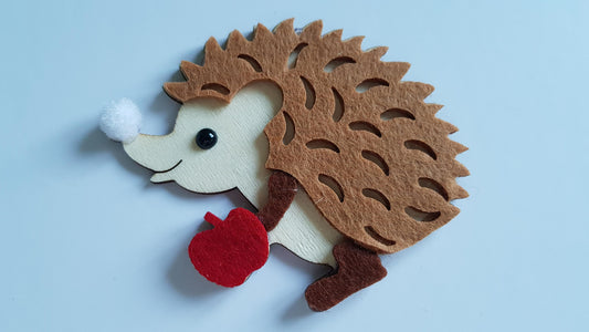 Wooden and Fleece Ornament Hedgehog with Red Apple