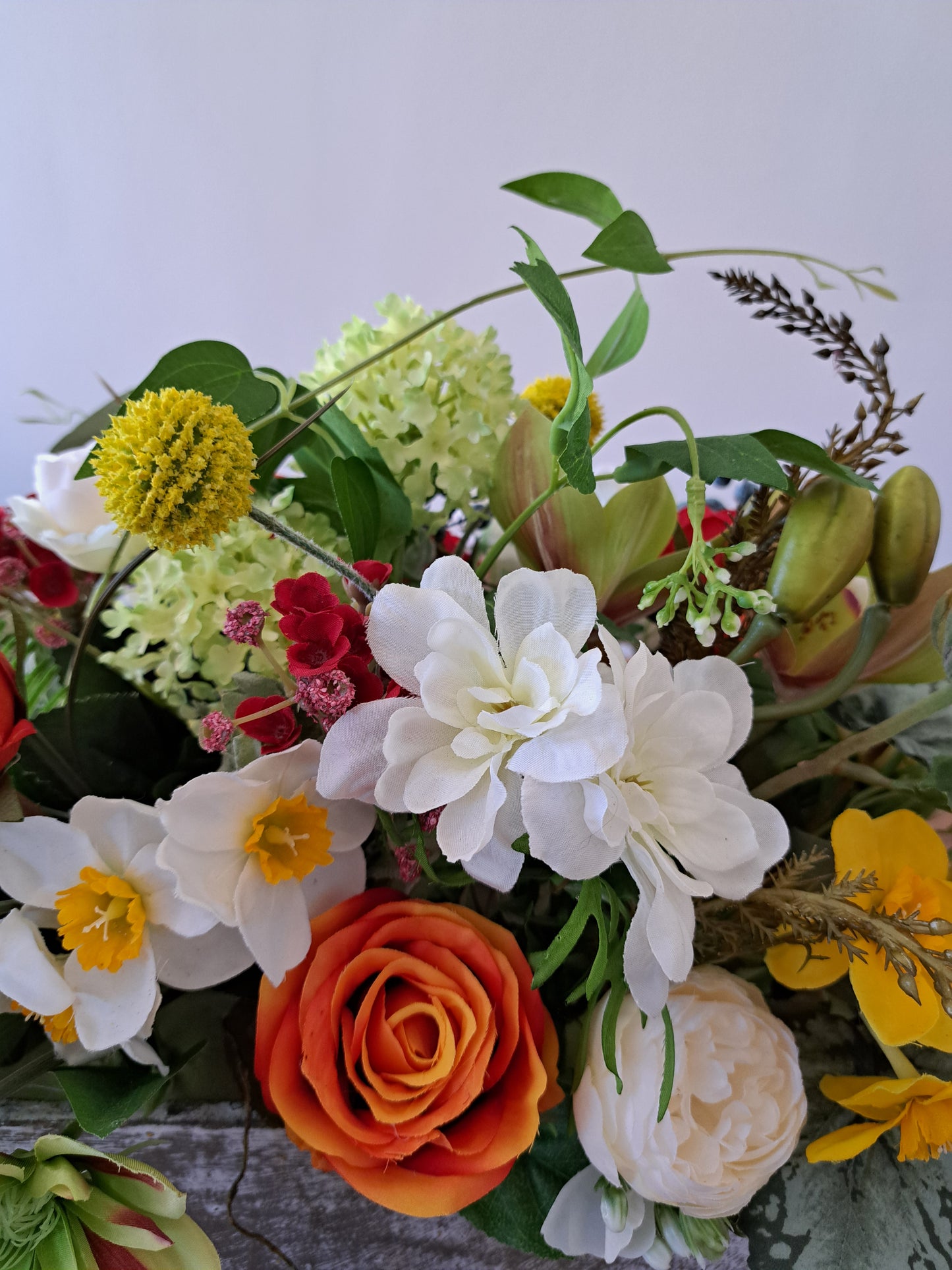 Artificial Flower Arrangement in Wooden Box as an Office or Home Decoration