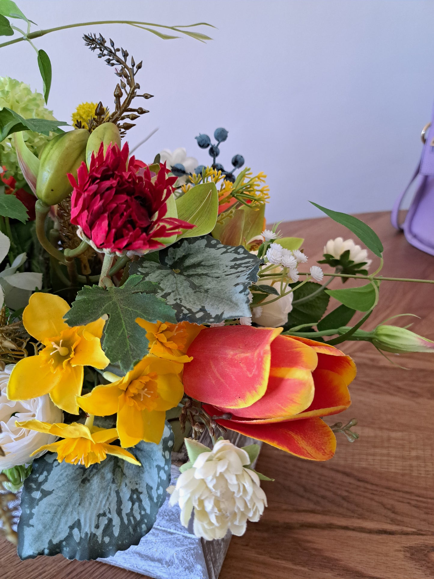 Artificial Flower Arrangement in Wooden Box as an Office or Home Decoration