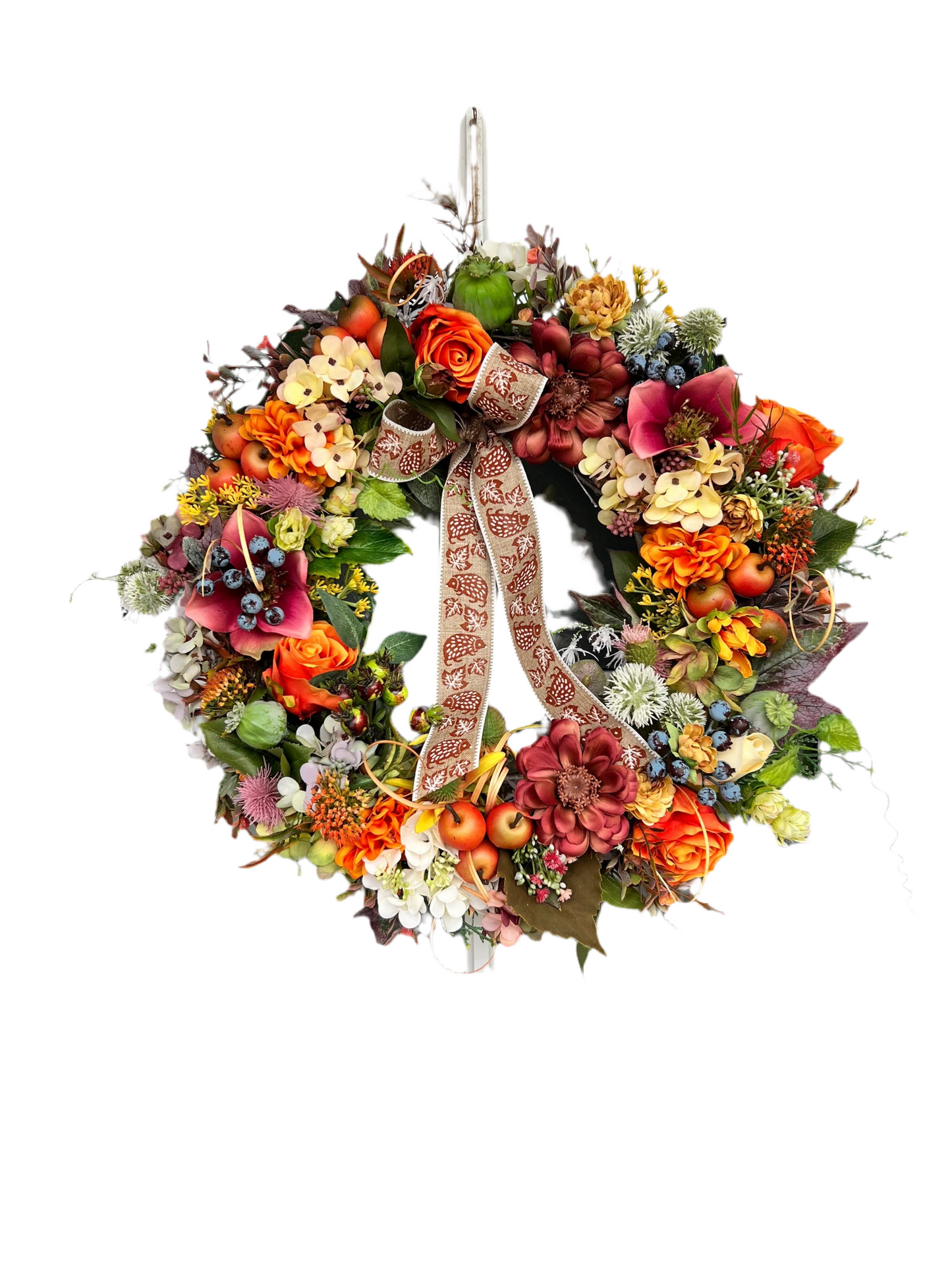 Artificial flower autumn wreath. Hydrangeas Berries Apples Thistles Garlic flower Hops Twigs 50cm (20”)