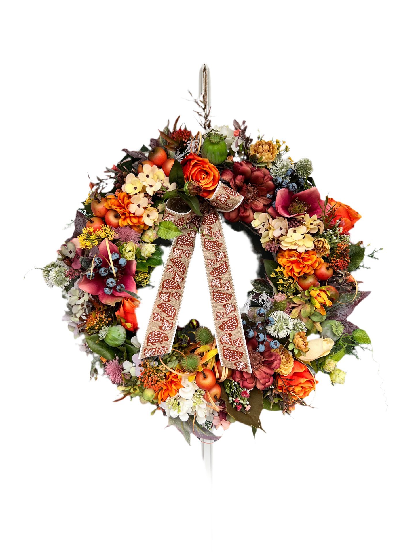 Artificial flower autumn wreath. Hydrangeas Berries Apples Thistles Garlic flower Hops Twigs 50cm (20”)