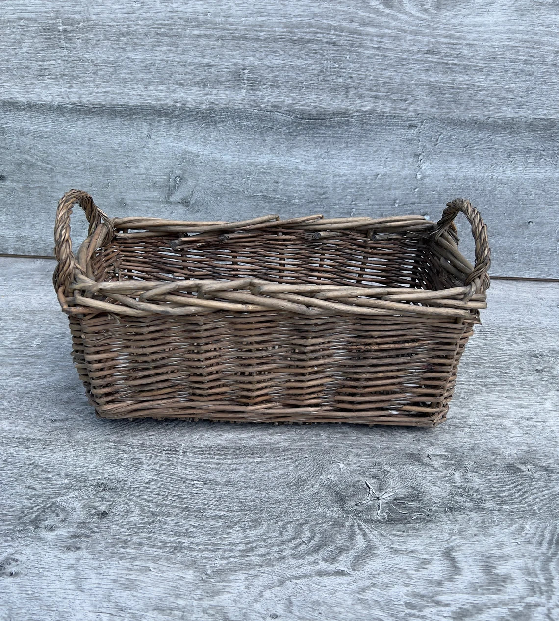 3 pots of artificial lavender/nepeta with rectangular wicker basket