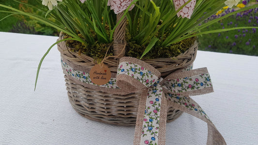 Artificial Flower Arrangement in Wicker/Willow Basket. Snake's Head (Fritillaria meleagris) Grape Hyacinth Grass Natural Moss