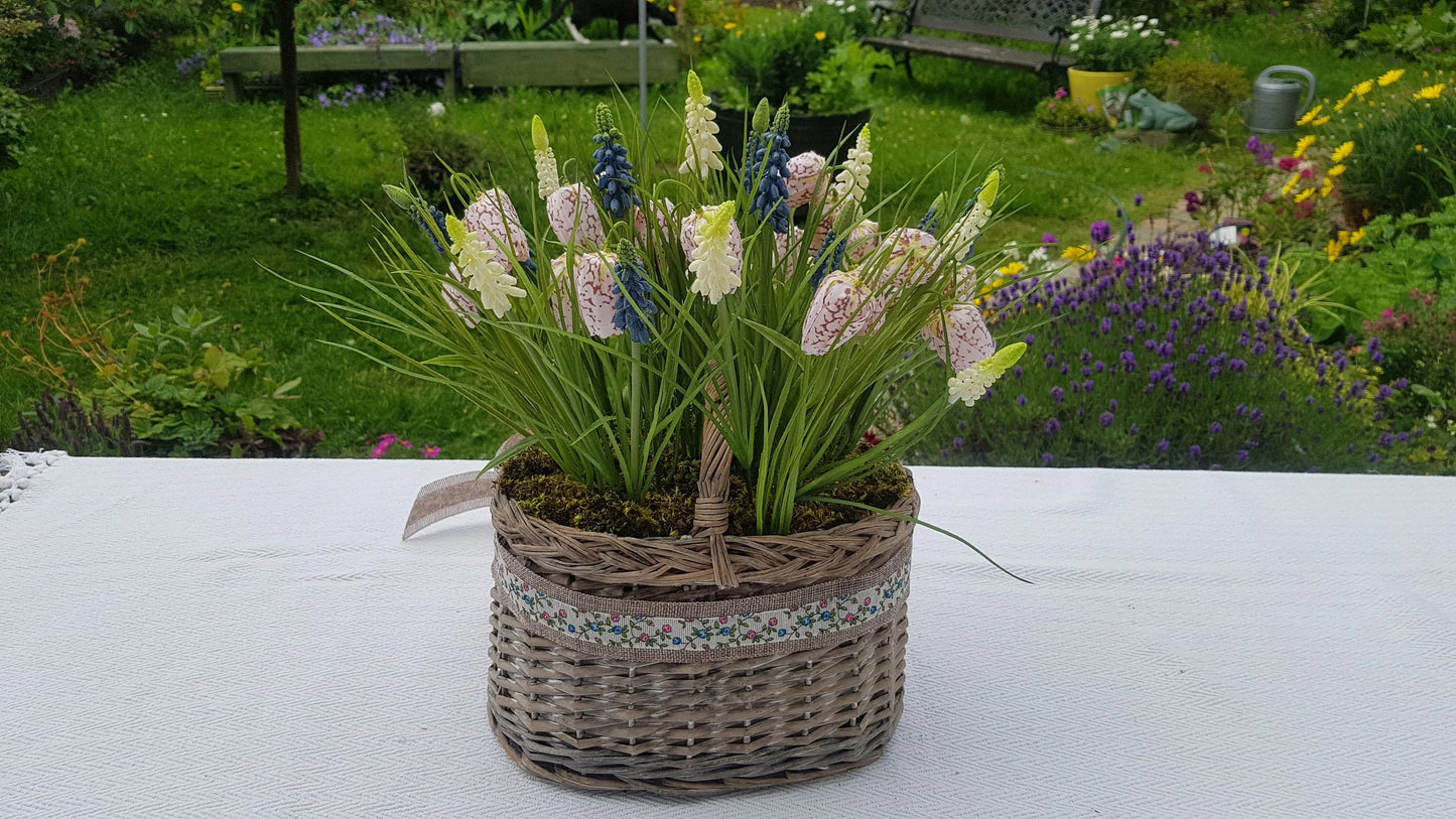 Artificial Flower Arrangement in Wicker/Willow Basket. Snake's Head (Fritillaria meleagris) Grape Hyacinth Grass Natural Moss