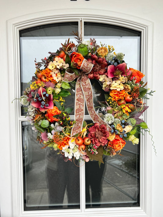 Artificial flower autumn wreath. Hydrangeas Berries Apples Thistles Garlic flower Hops Twigs 50cm (20”)