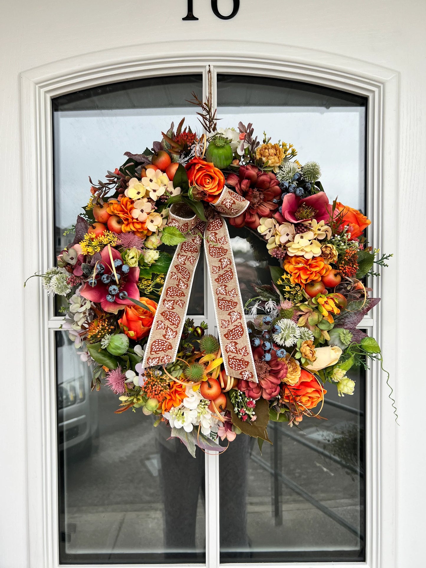 Artificial flower autumn wreath. Hydrangeas Berries Apples Thistles Garlic flower Hops Twigs 50cm (20”)