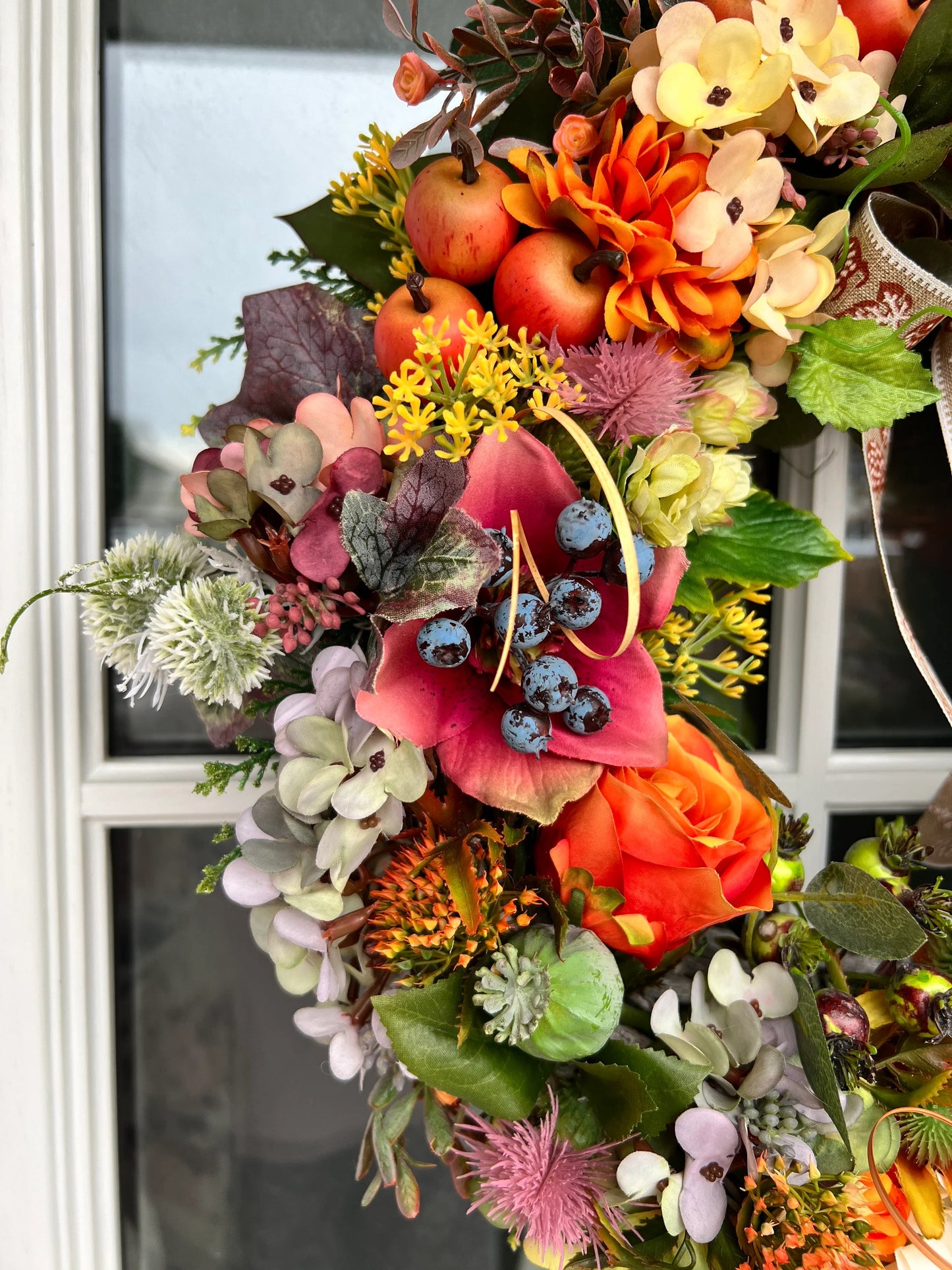 Artificial flower autumn wreath. Hydrangeas Berries Apples Thistles Garlic flower Hops Twigs 50cm (20”)