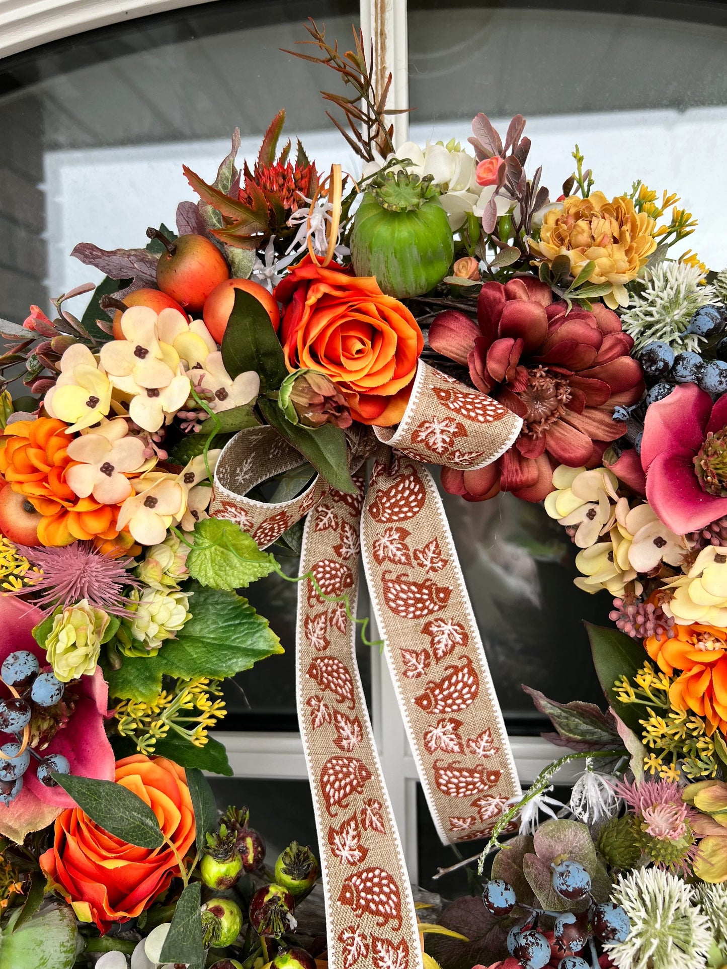 Artificial flower autumn wreath. Hydrangeas Berries Apples Thistles Garlic flower Hops Twigs 50cm (20”)