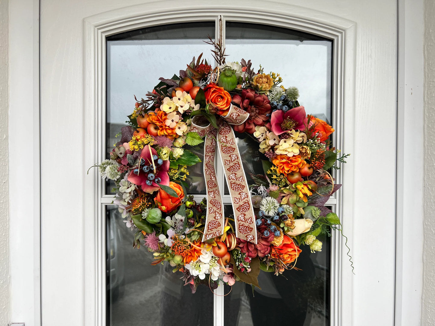 Artificial flower autumn wreath. Hydrangeas Berries Apples Thistles Garlic flower Hops Twigs 50cm (20”)