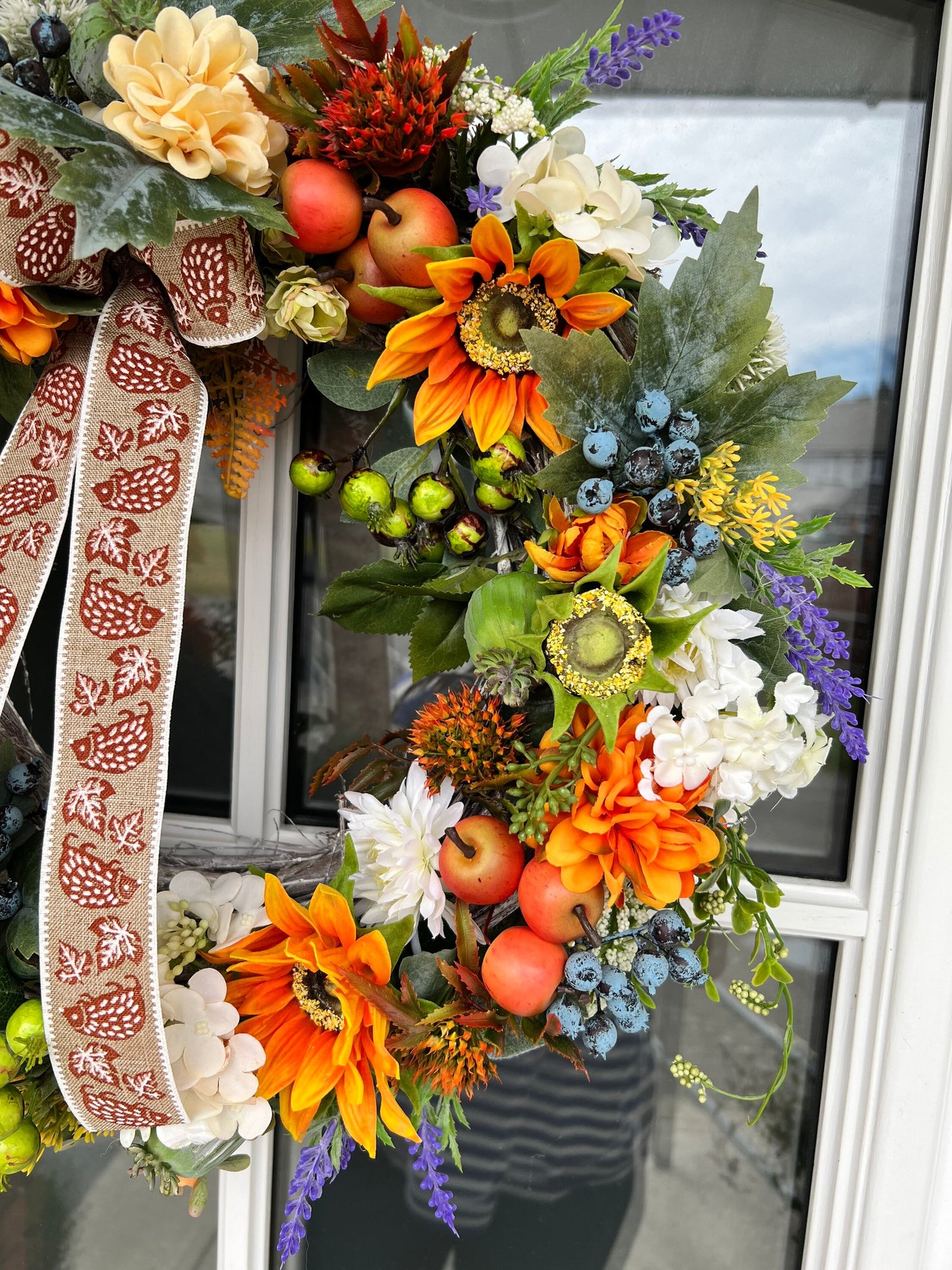 Artificial flower autumn wreath. Berries Apples Lavender Sunflowers Grape leaves Silk flowers Chrysanthemums Poppy head Twigs 50cm(20”)