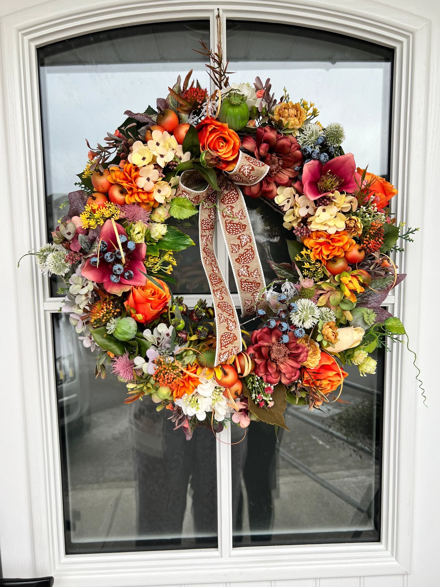 Artificial flower autumn wreath. Hydrangeas Berries Apples Thistles Garlic flower Hops Twigs 50cm (20”)