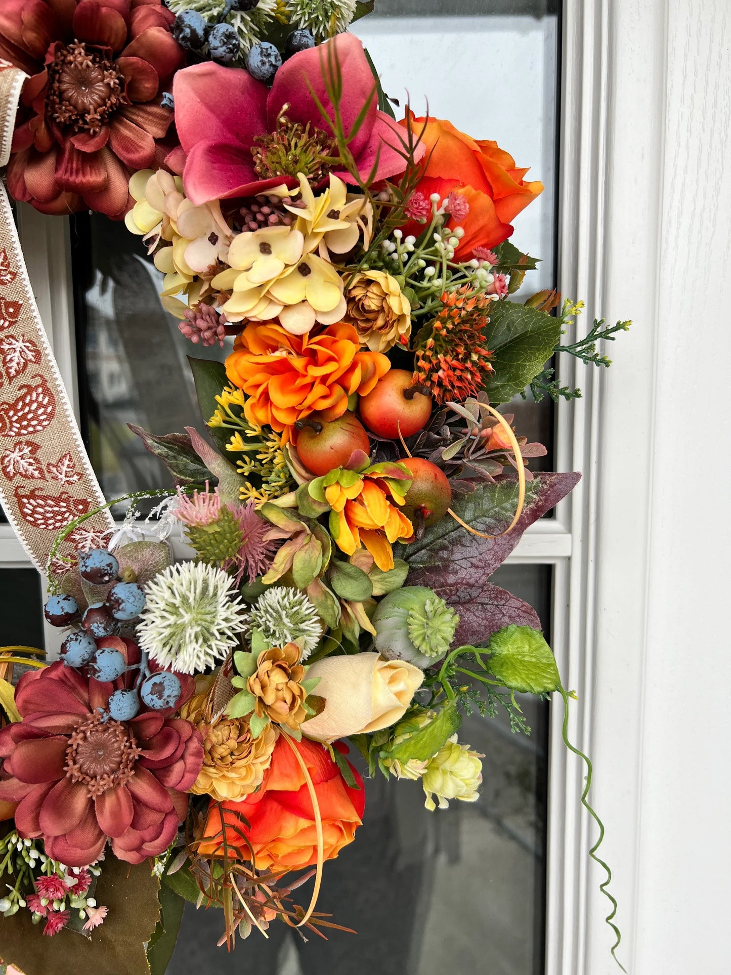 Artificial flower autumn wreath. Hydrangeas Berries Apples Thistles Garlic flower Hops Twigs 50cm (20”)