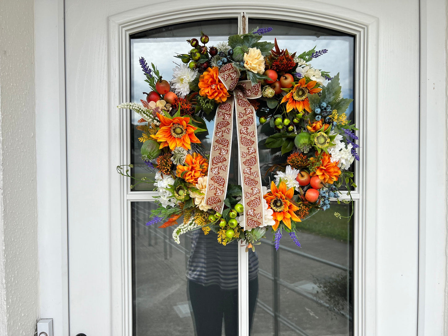 Artificial flower autumn wreath. Berries Apples Lavender Sunflowers Grape leaves Silk flowers Chrysanthemums Poppy head Twigs 50cm(20”)