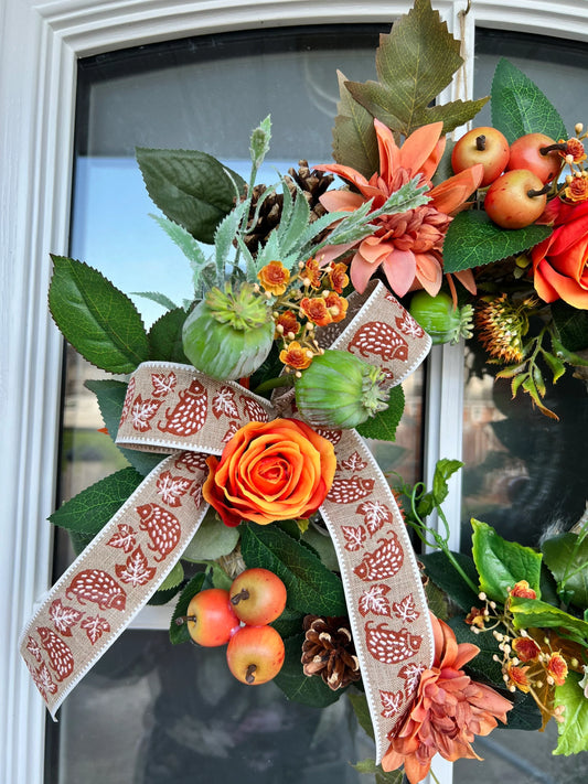 Green and orange artificial flower wreath. Roses Apples Poppy head Pinecone 45cm (18”)