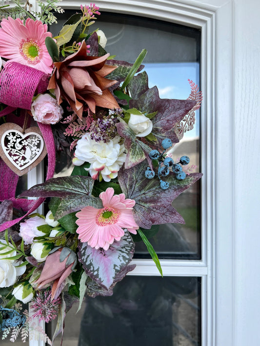 Summer/Autumn artificial flower wreath. Gerbera Roses Berries Dahlia Fern leaves Thistles Leaves
