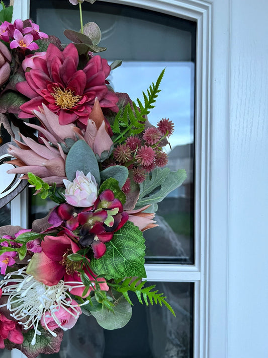 Autumn burgundy wreath from artificial flowers. Turmeric flower Hydrangea Dahlia Berries Leaves Eucalyptus Twigs 45cm (18”)