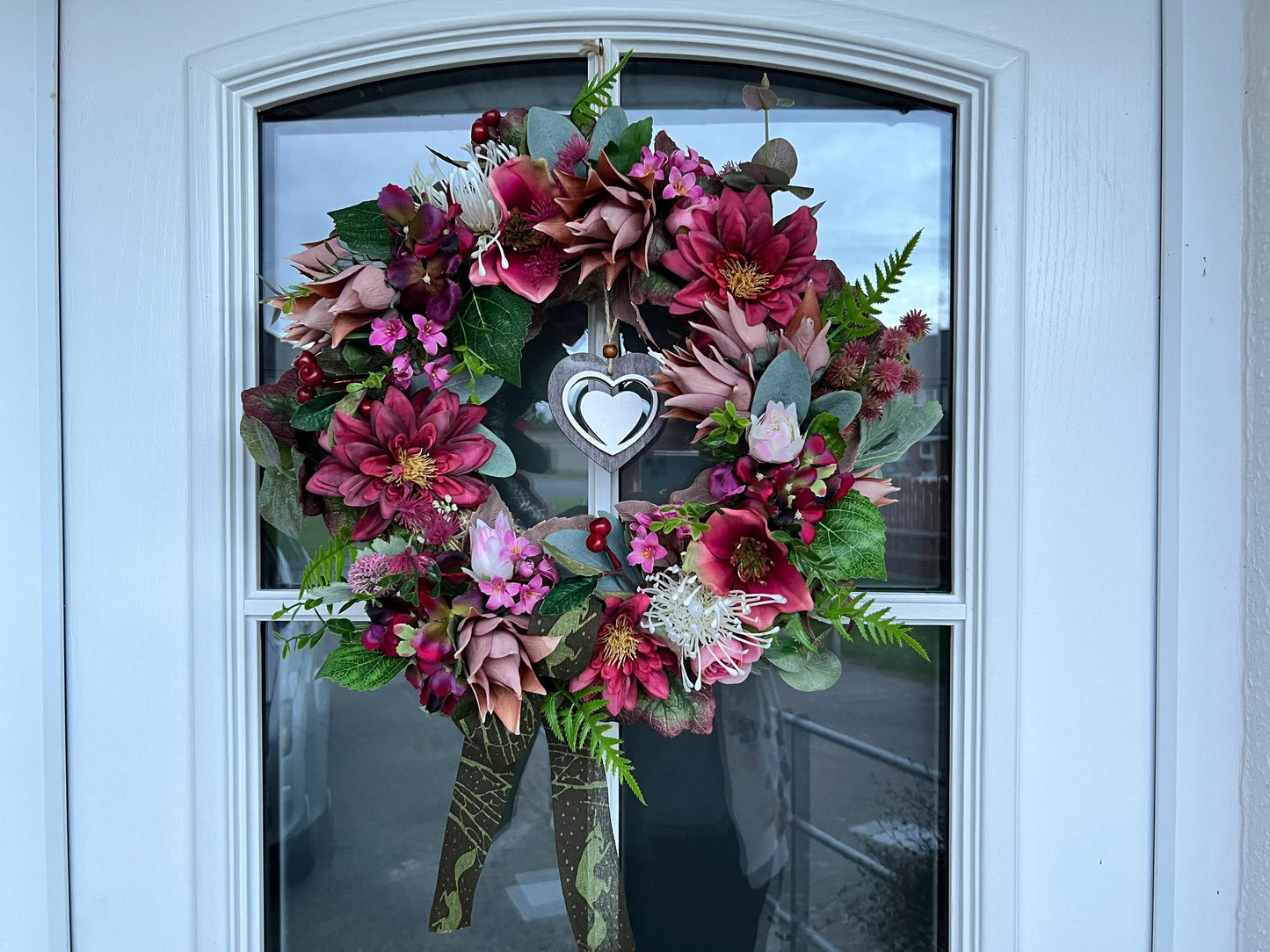 Autumn burgundy wreath from artificial flowers. Turmeric flower Hydrangea Dahlia Berries Leaves Eucalyptus Twigs 45cm (18”)