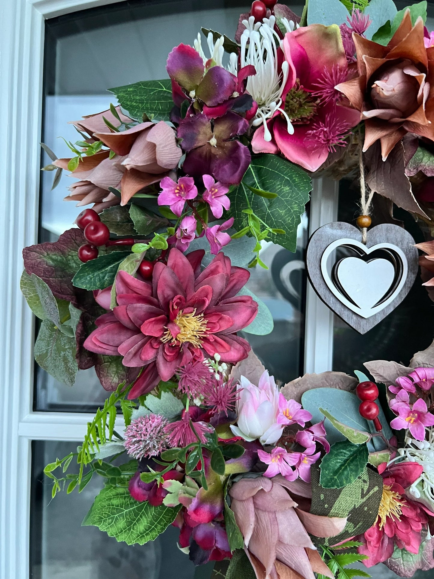 Autumn burgundy wreath from artificial flowers. Turmeric flower Hydrangea Dahlia Berries Leaves Eucalyptus Twigs 45cm (18”)