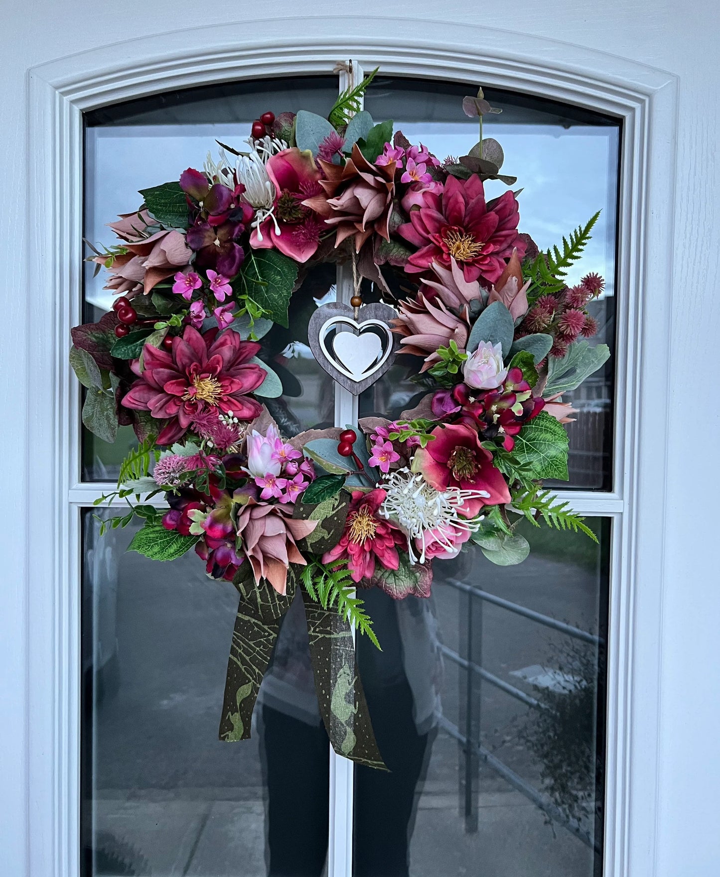 Autumn burgundy wreath from artificial flowers. Turmeric flower Hydrangea Dahlia Berries Leaves Eucalyptus Twigs 45cm (18”)