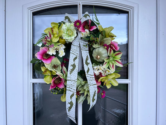 Summer/Autumn artificial flower wreath. Clematis Dahlia Pumpkin Anemone Daisies Baby’s breath Orchid Fern leaves Jasmine Berries