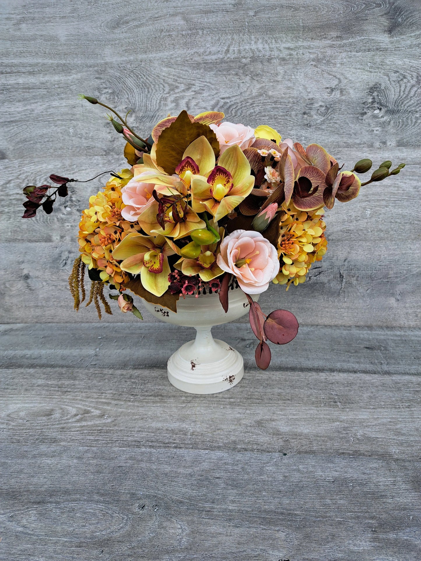 Artificial Flowers Arrangement in Rustic Metal Cup. Roses Orchids Eucalyptus Hydrangea Cameillia