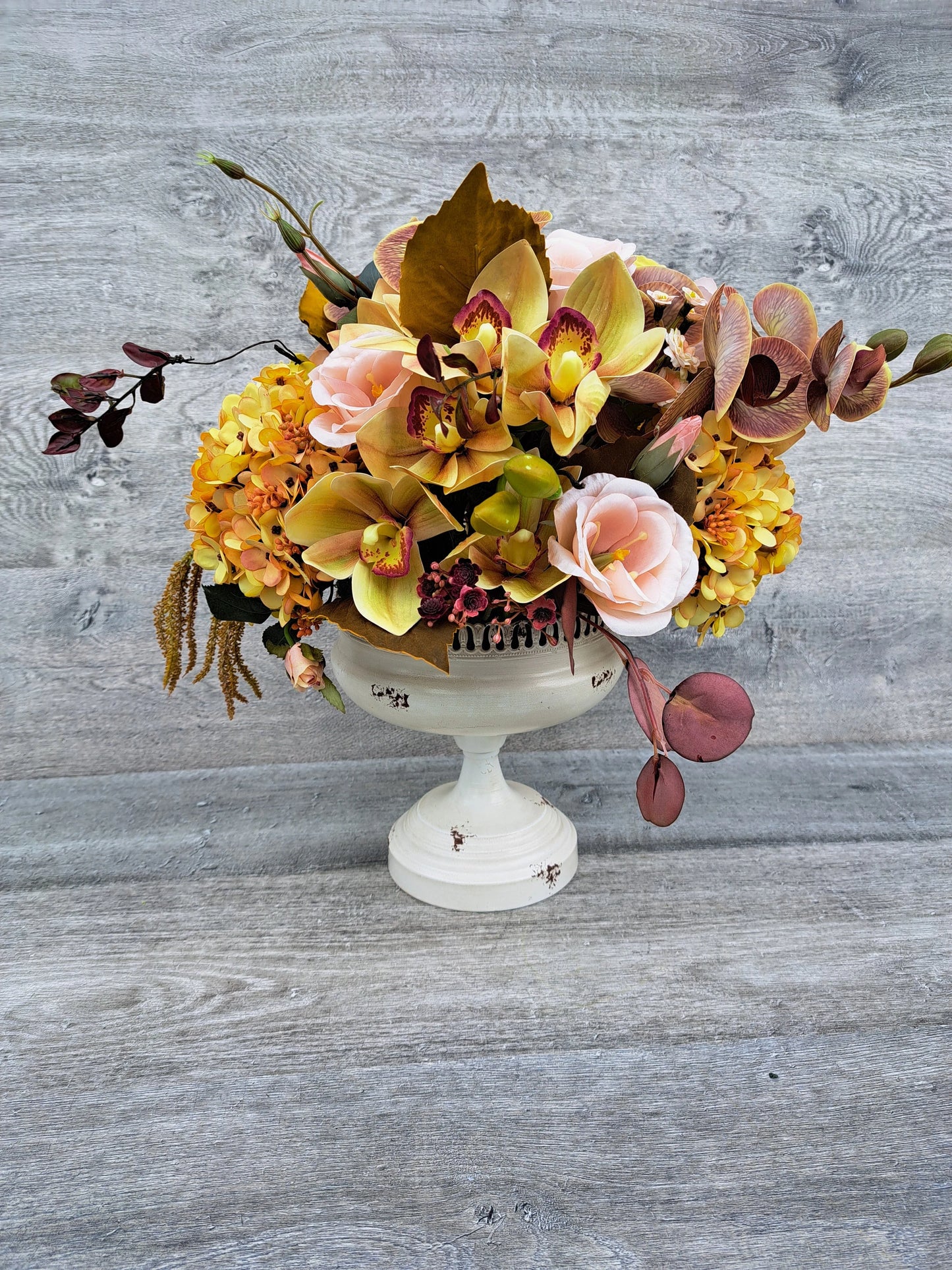 Artificial Flowers Arrangement in Rustic Metal Cup. Roses Orchids Eucalyptus Hydrangea Cameillia