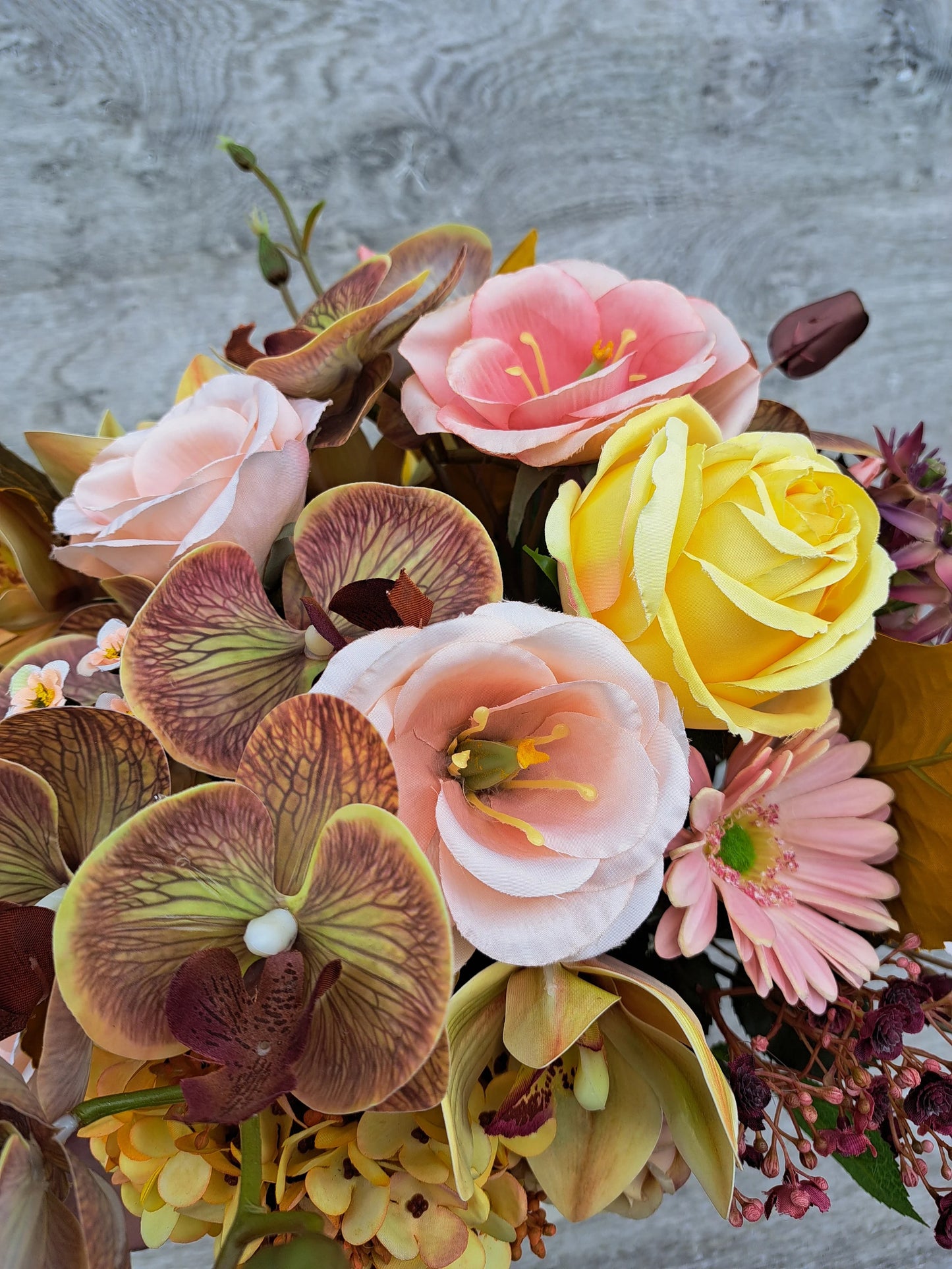 Artificial Flowers Arrangement in Rustic Metal Cup. Roses Orchids Eucalyptus Hydrangea Cameillia