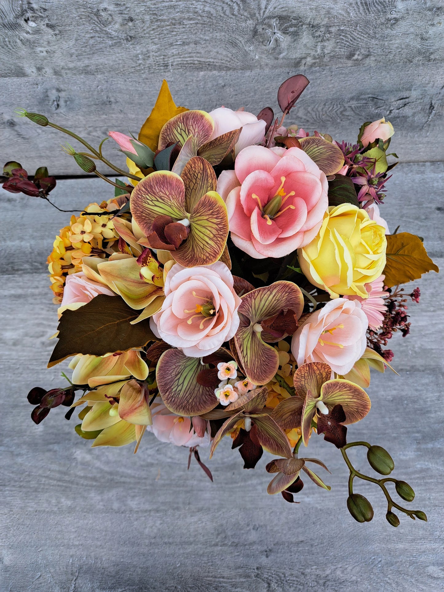 Artificial Flowers Arrangement in Rustic Metal Cup. Roses Orchids Eucalyptus Hydrangea Cameillia