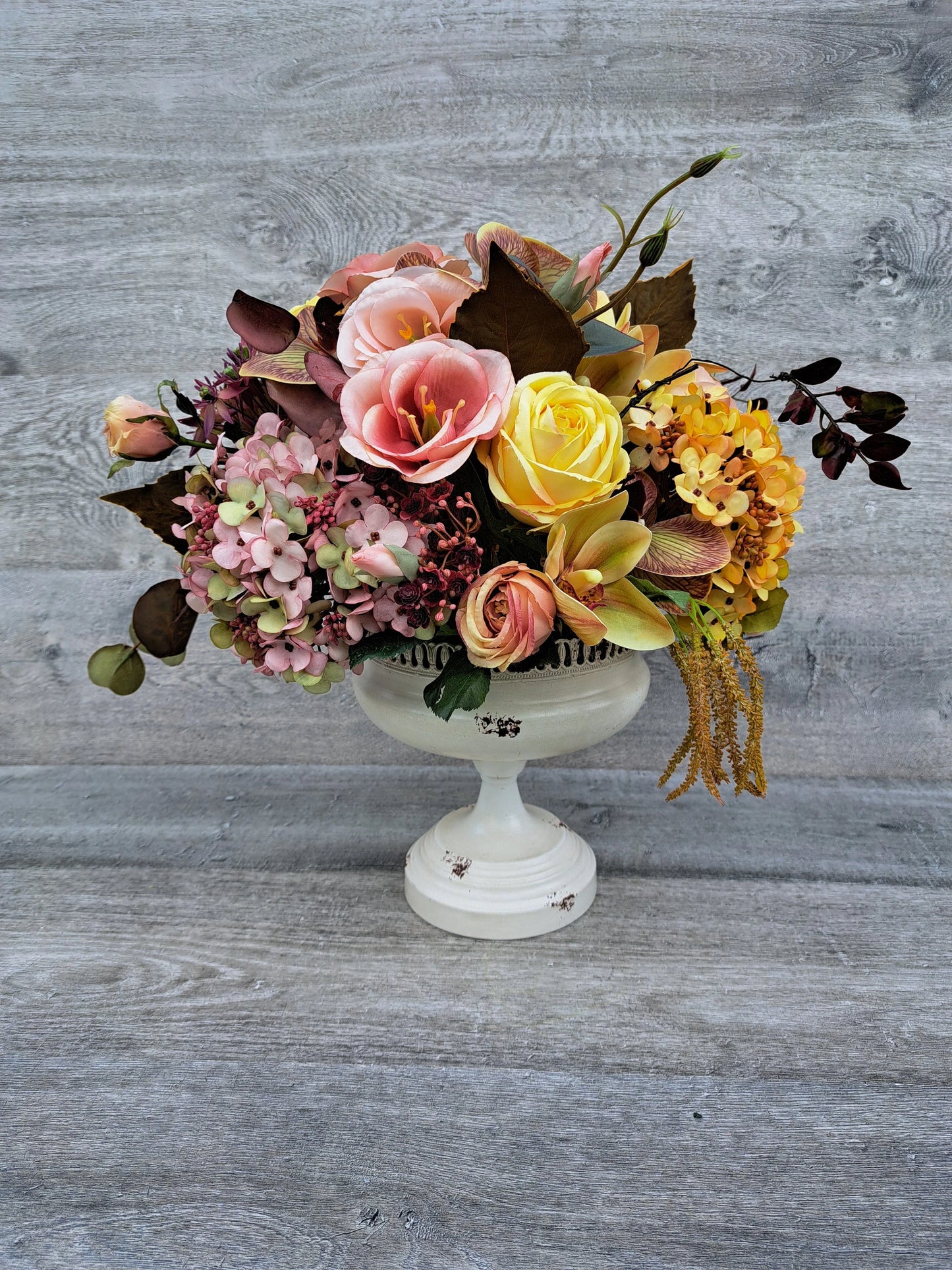 Artificial Flowers Arrangement in Rustic Metal Cup. Roses Orchids Eucalyptus Hydrangea Cameillia