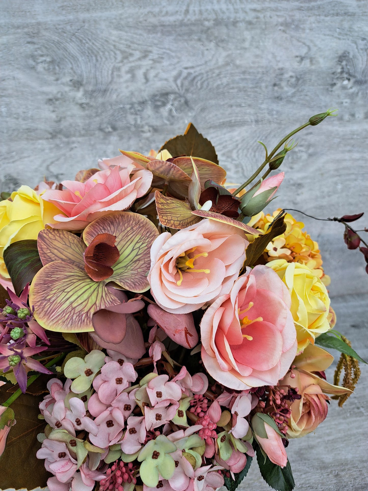 Artificial Flowers Arrangement in Rustic Metal Cup. Roses Orchids Eucalyptus Hydrangea Cameillia