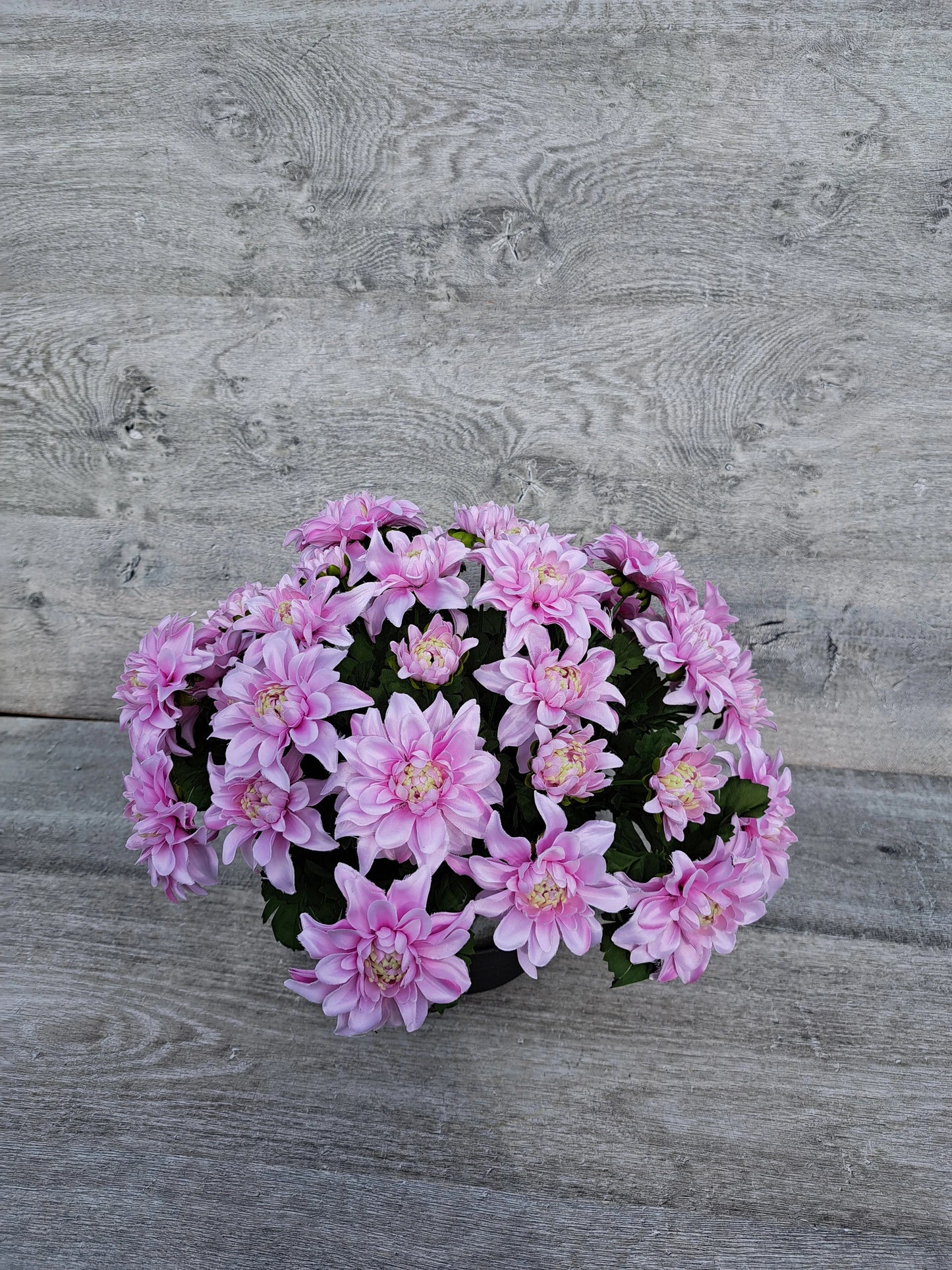 Artificial pink chrysanths flower arrangement for grave decoration.